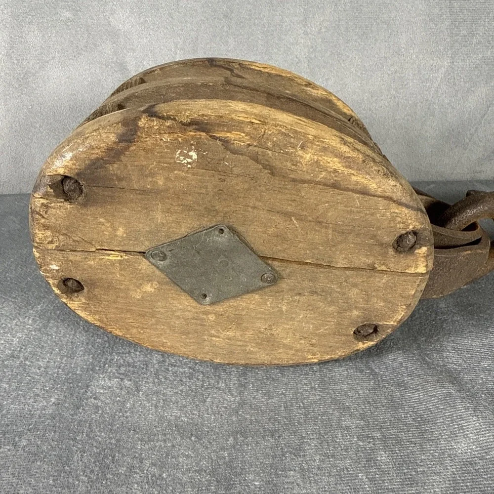 Antique Vintage DOUBLE BLOCK & Tackle Pulley‎ Hook Wood Primitive